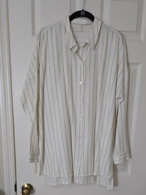 Eileen Fisher Cream Button-Down with Thin Black Pinstripes